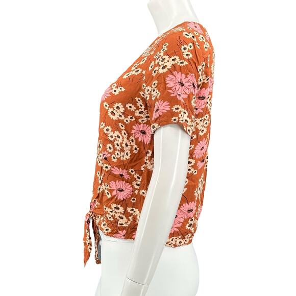 Madewell Top Womens XS Burnt Clay Novel Tie Front Hillside Daisies Floral Boho - Picture 4 of 8